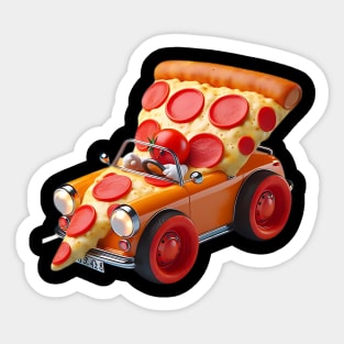 A slice of pizza driving a tiny pizza-shaped car Sticker